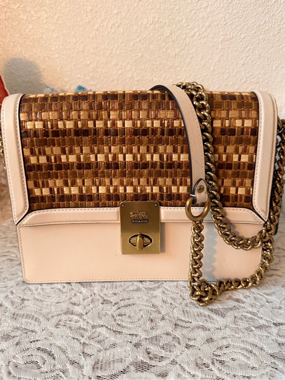 COACH White and Tan Woven Leather Shoulder Bag with Gold Chain